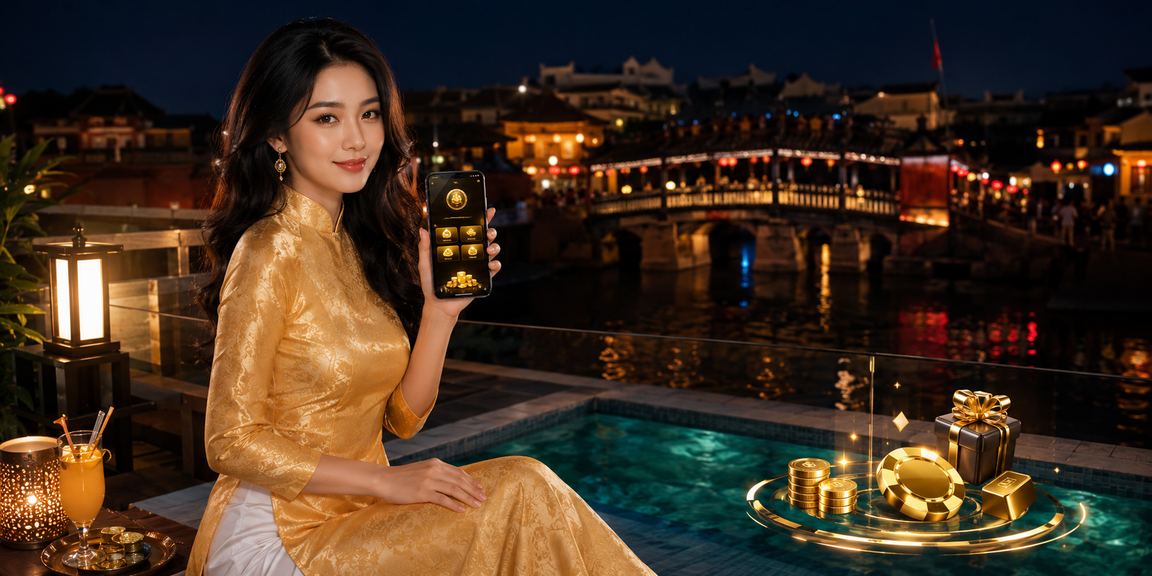 Người dùng mặc áo dài tại Hội An trải nghiệm ứng dụng casino trên điện thoại