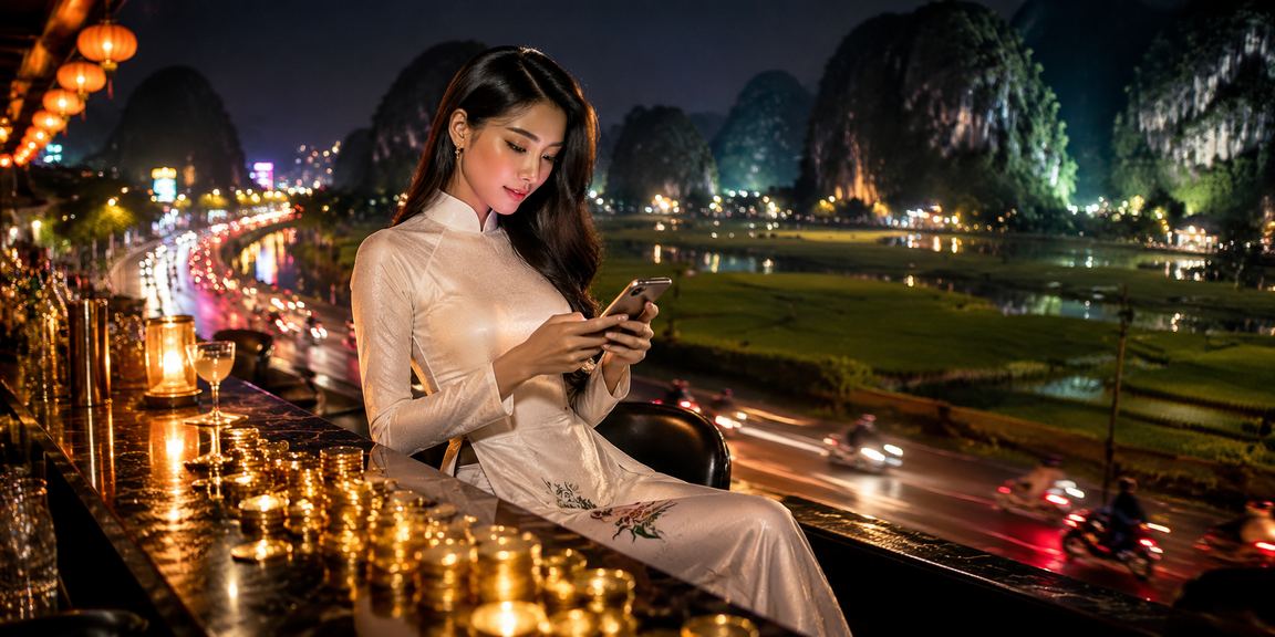 Phụ nữ Việt Nam mặc áo dài dùng điện thoại xem kèo tại Ninh Bình